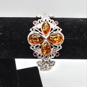 NOA Ornate Filigree .925 Silver Floral Cabochon Amber & Garnet Toggle Bracelet